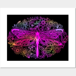 Rainbow Pink & Purple Galaxy Boho Dragonfly Posters and Art